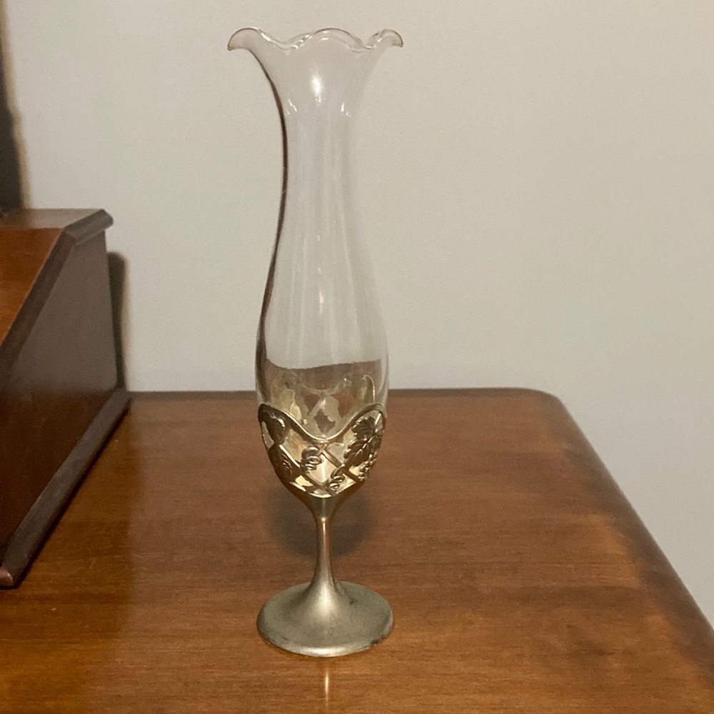 Bud vase, silver base of grape vines Delicate fluted glass vase silver  stem.
